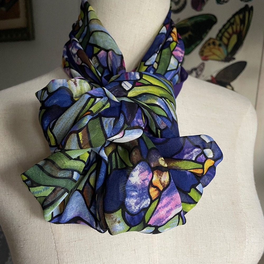 Metropolitan Museum of Art Silk Scarf Tiffany Stained Glass Iris Purple 64 inch